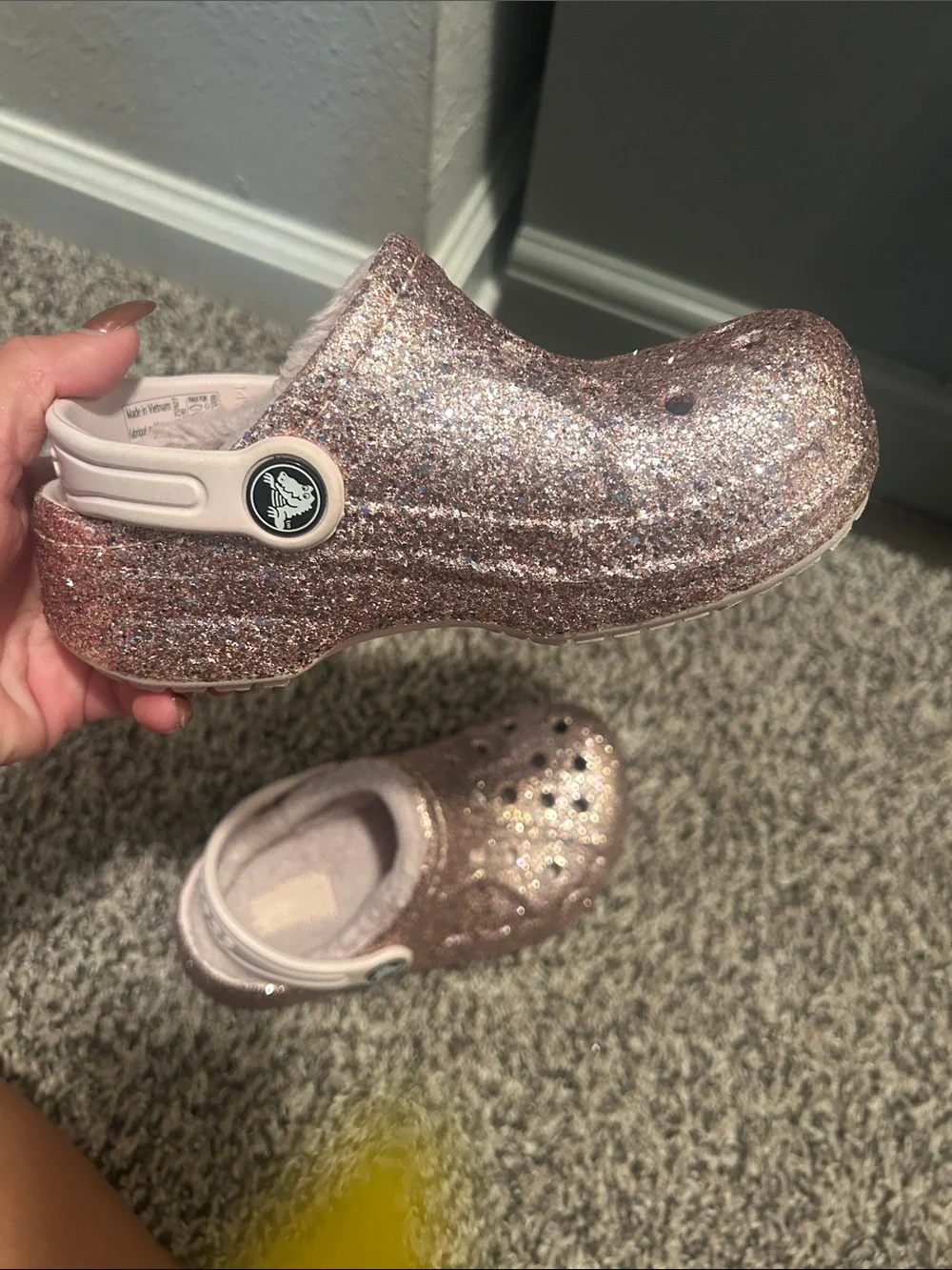 CROCS Kids Glitter Clog in Rose Gold with Light Pink Strap